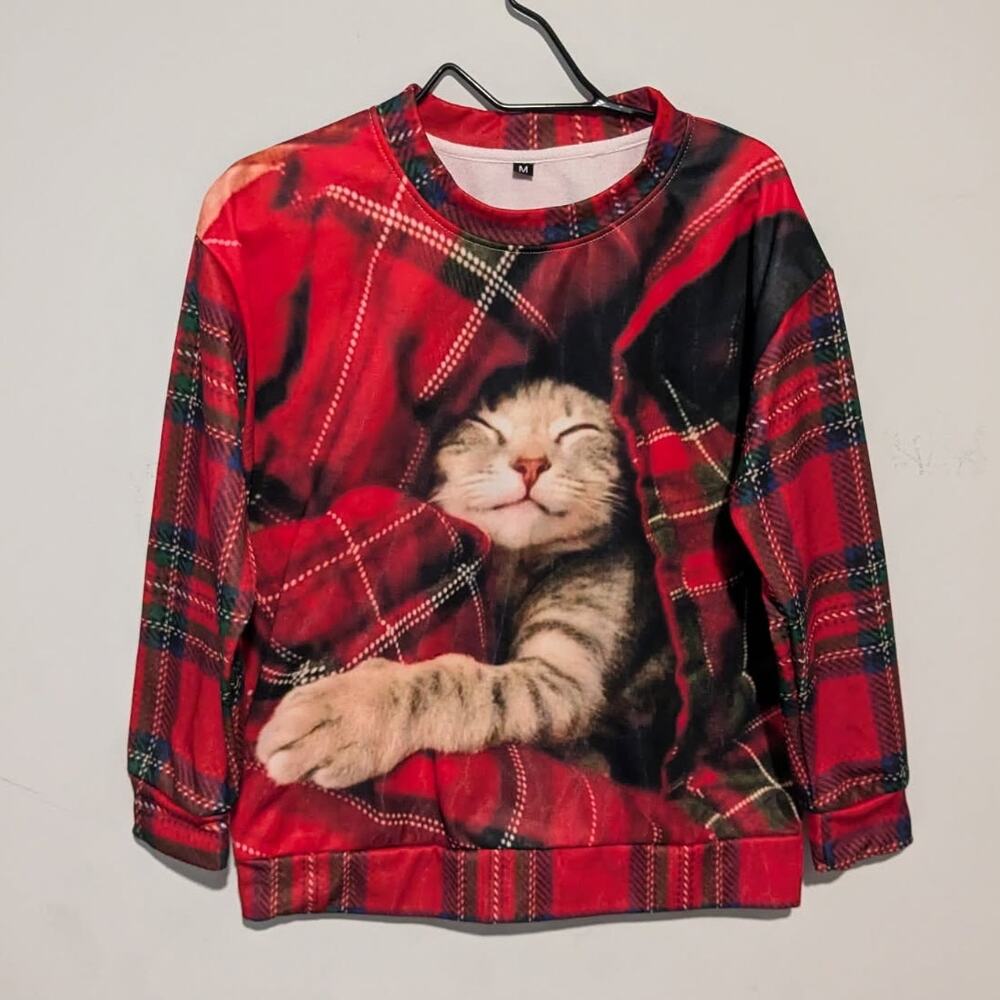 Red Plaid Christmas Cat Adults Sweatshirt Size M - Picture 1 of 6